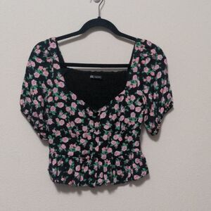 Zara Black And Pink Floral Blouse